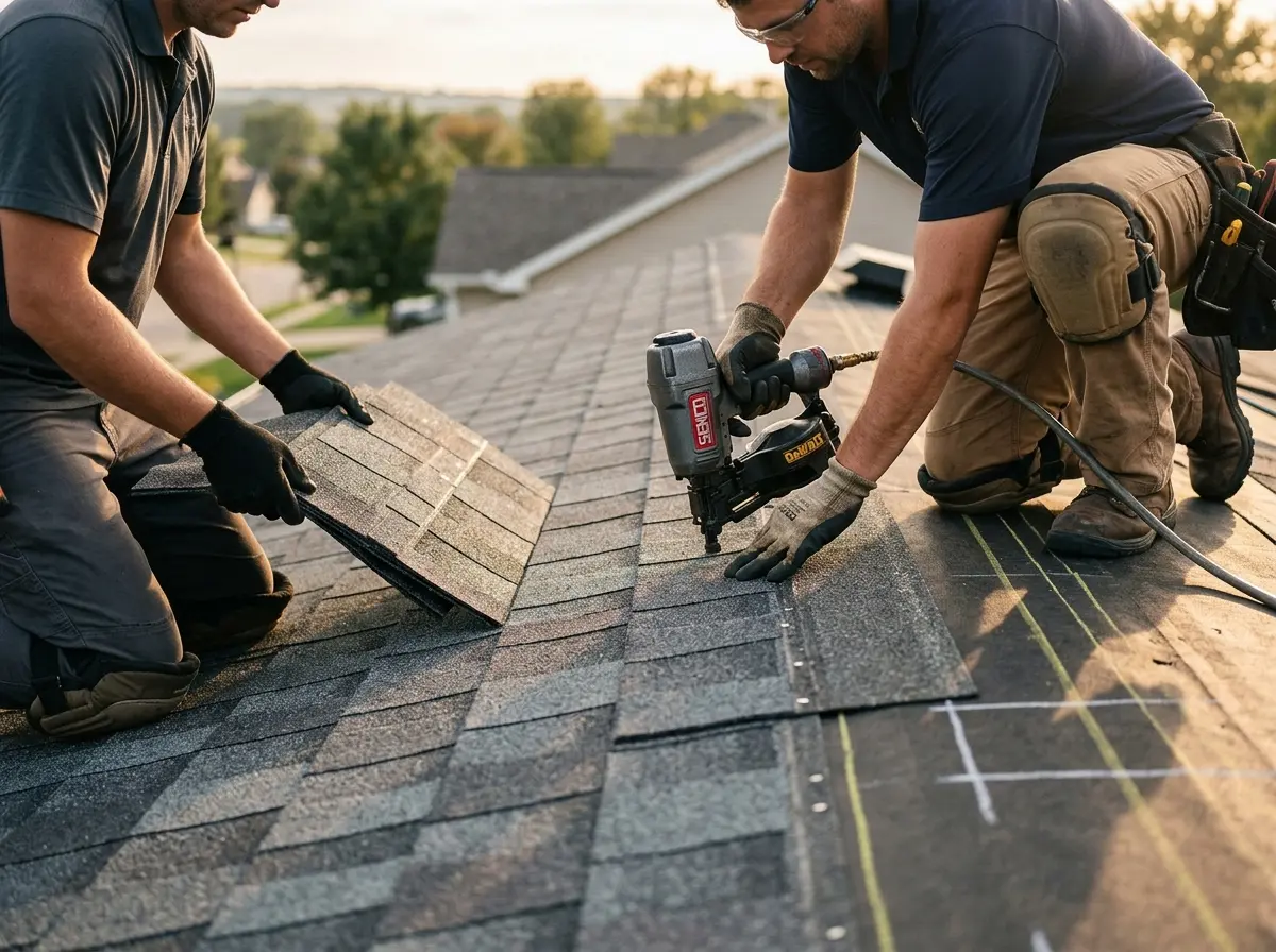 Professional roofer working on a residential roof in Palmer